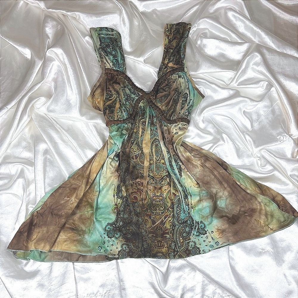 y2k Tunic Top Teal Brown Excellent Unity World Wear Paisley Braided Empire Waist
